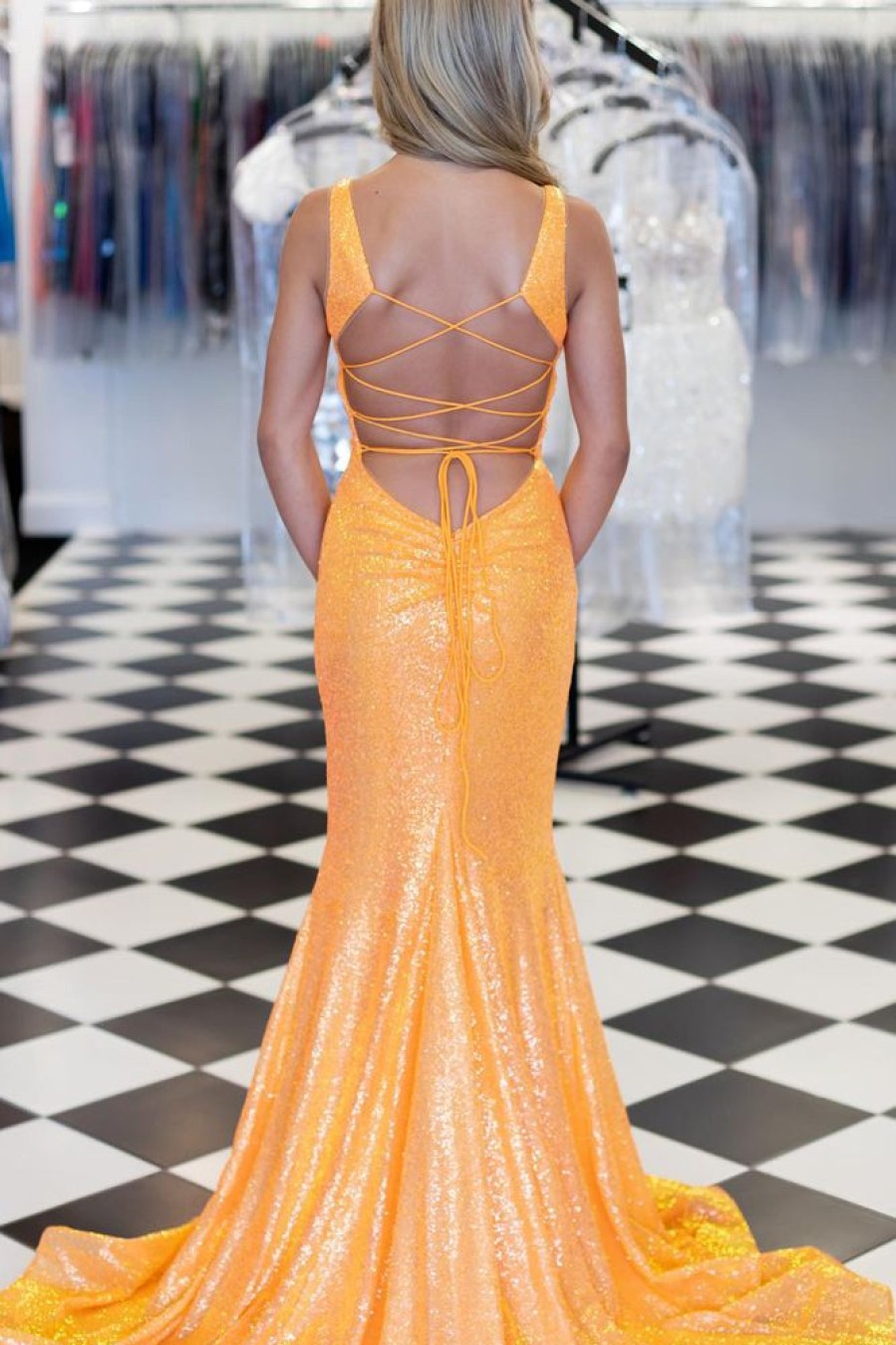 Homrain Sparkly Orange Mermaid Lace-Up Back Long Sequins Prom Dress | Orange Prom Dresses