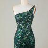 Homrain Bodycon One Shoulder Sequins Short Homecoming Dress With Feather | Green Hoco Dresses