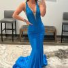 Homrain Deep V-Neck Mermaid Prom Dress With Beading | Blue Prom Dresses