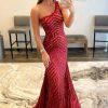 Homrain One Shoulder Sequined Mermaid Prom Dress | Red Prom Dresses