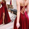 Homrain Simple A Line Spaghetti Straps Long Prom Dress With Criss Cross Back | Red Prom Dresses