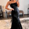 Homrain Mermaid Strapless Sequins Long Prom Dress With Feather | Black Prom Dresses