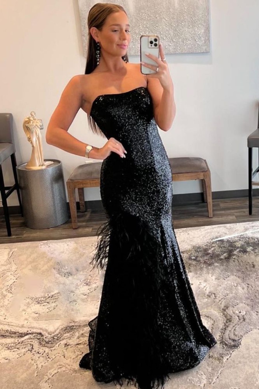 Homrain Mermaid Strapless Sequins Long Prom Dress With Feather | Black Prom Dresses