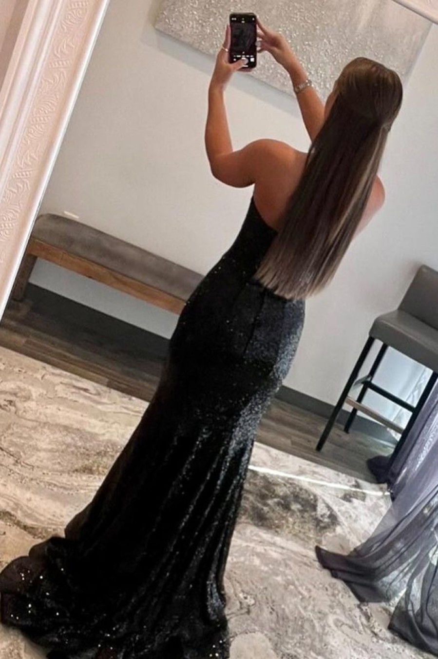 Homrain Mermaid Strapless Sequins Long Prom Dress With Feather | Black Prom Dresses