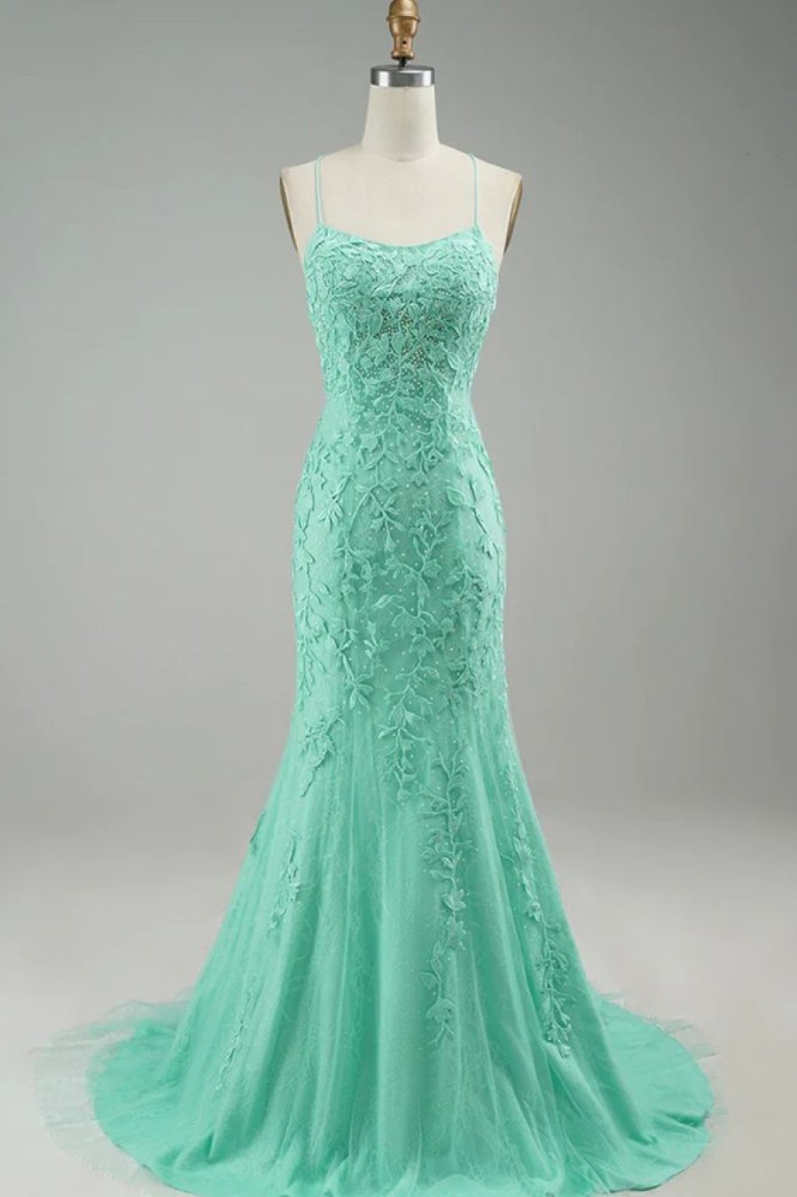 Homrain Spaghetti Straps Appliques Prom Dress | Green Prom Dresses