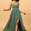 Homrain A Line Spaghetti Straps Eucalyptus Long Bridesmaid Dress With Split Front | Wedding Guest Dresses