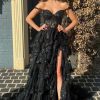 Homrain Off The Shoulder Tiered Prom Dress | Black Prom Dresses