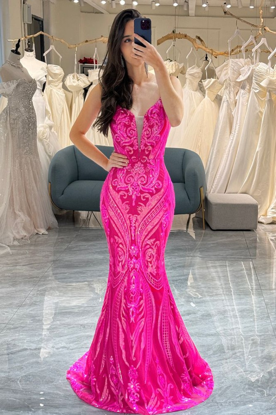 Homrain Mermaid Backless Long Prom Dress With Appliques | Hot Pink Prom Dresses