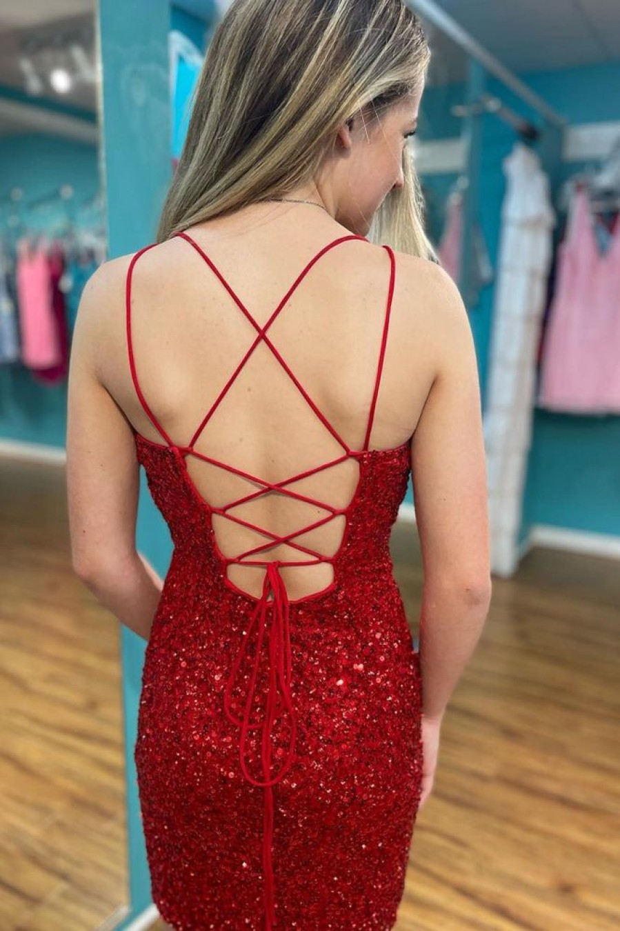 Homrain Sparkly Lace-Up Back Sequins Tight Short Homecoming Dress | Red Hoco Dresses