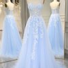 Homrain Long Corset Appliqued Prom Dress With Slit | Blue Prom Dresses