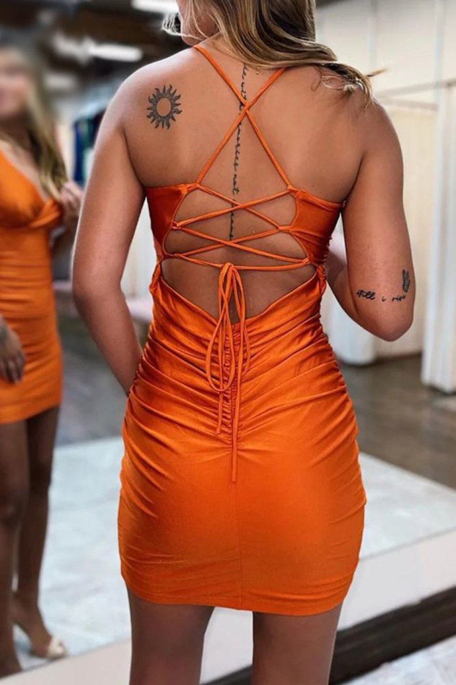 Homrain Lace-Up Back Spaghetti Straps Tight Short Homecoming Dress | Orange Prom Dresses