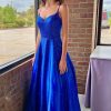 Homrain A-Line Spaghetti Straps Long Prom Dress With Beading | Blue Prom Dresses