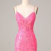 Homrain Sheath Spaghetti Straps Sequins Homecoming Dress | Hot Pink Hoco Dresses