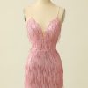 Homrain Spaghetti Straps Bodycon Homecoming Dress With Feathers | Pink Hoco Dresses