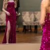 Homrain Hot Pink Sheath Sequins Long Prom Dress With Slit | Hot Pink Prom Dresses