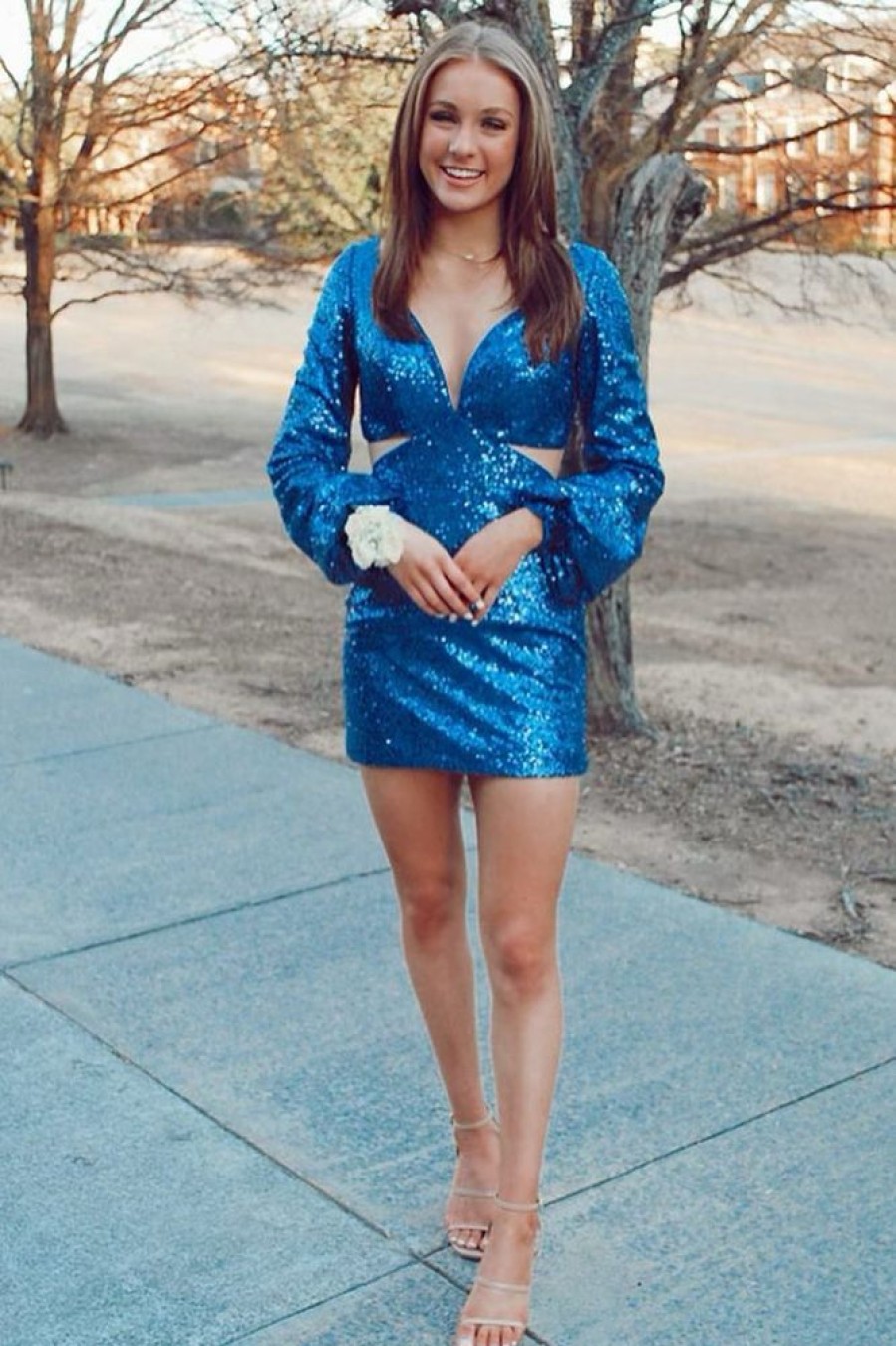 Homrain Sparkly Sequined Tight Short Homecoming Dress With Sleeves | Blue Hoco Dresses