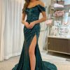 Homrain Off Shoulder Mermaid Prom Dress With Slit | Green Prom Dresses