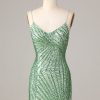 Homrain Sheath Spaghetti Straps Sequins Short Homecoming Dress With Criss Cross Back | Green Hoco Dresses