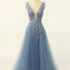 Homrain Tulle Prom Dress With Appliques | Blue Prom Dresses