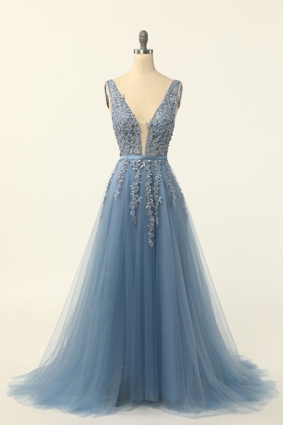 Homrain Tulle Prom Dress With Appliques | Blue Prom Dresses