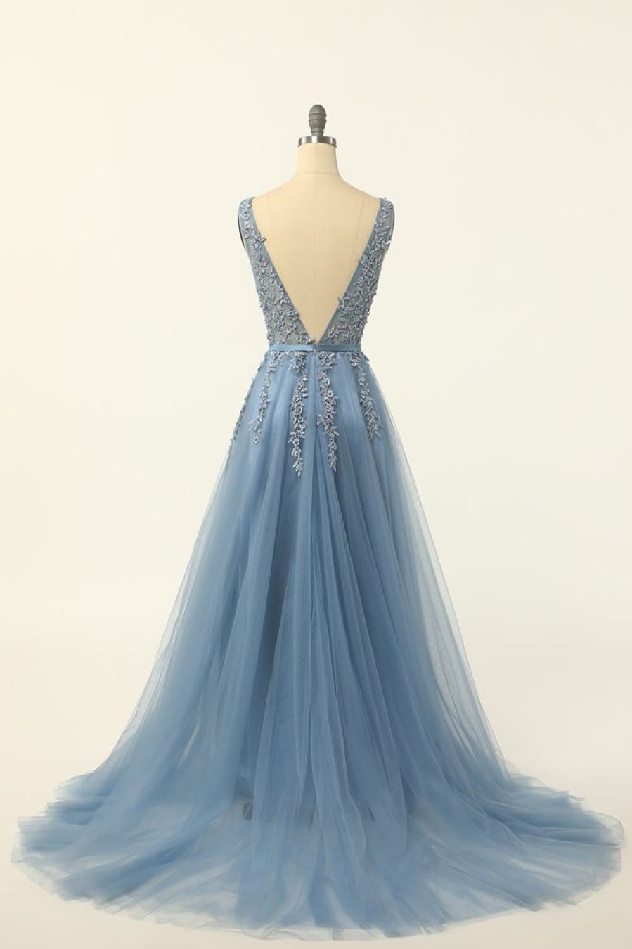 Homrain Tulle Prom Dress With Appliques | Blue Prom Dresses