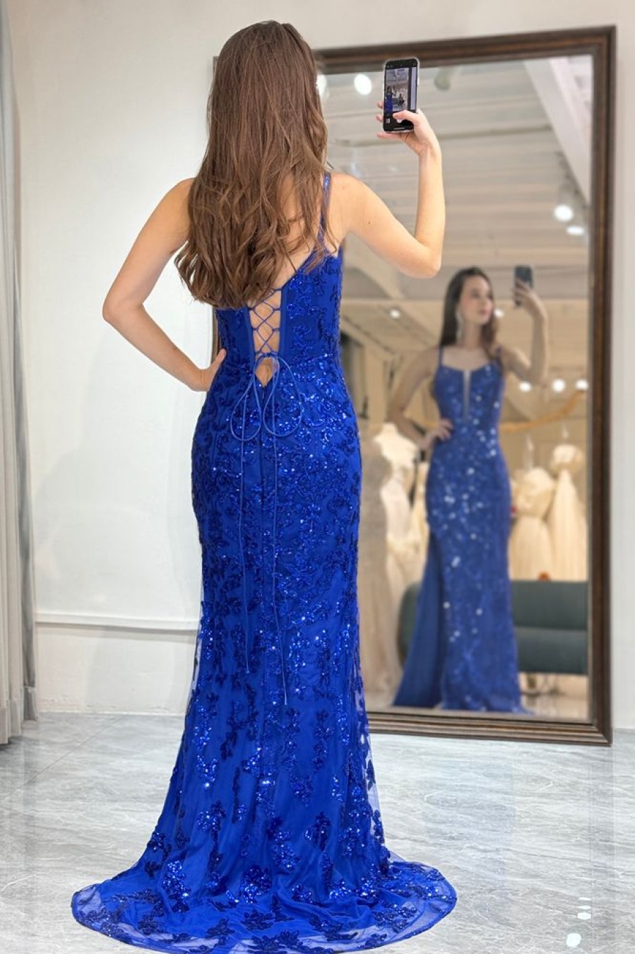 Homrain Sparkly Mermaid Long Prom Dress With Slit | Blue Prom Dresses