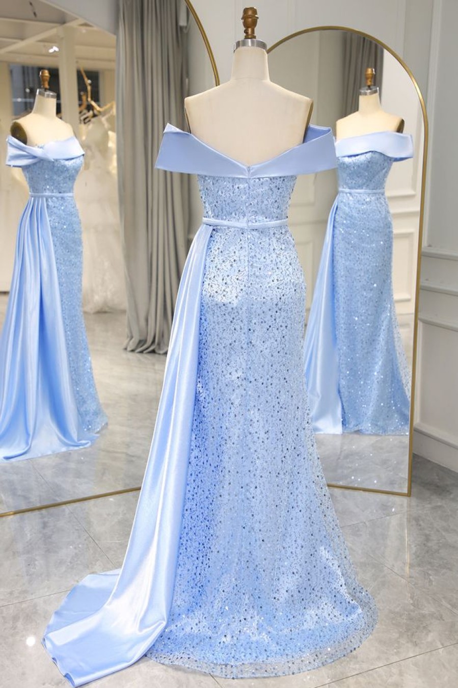 Homrain Sparkly Long Sequined Prom Dress With Slit | Blue Prom Dresses