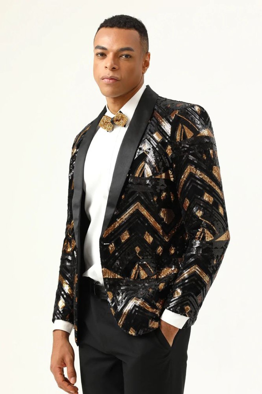 Homrain Sparkly Black And Golden Sequins Men'S Prom Blazer | Men Blazers