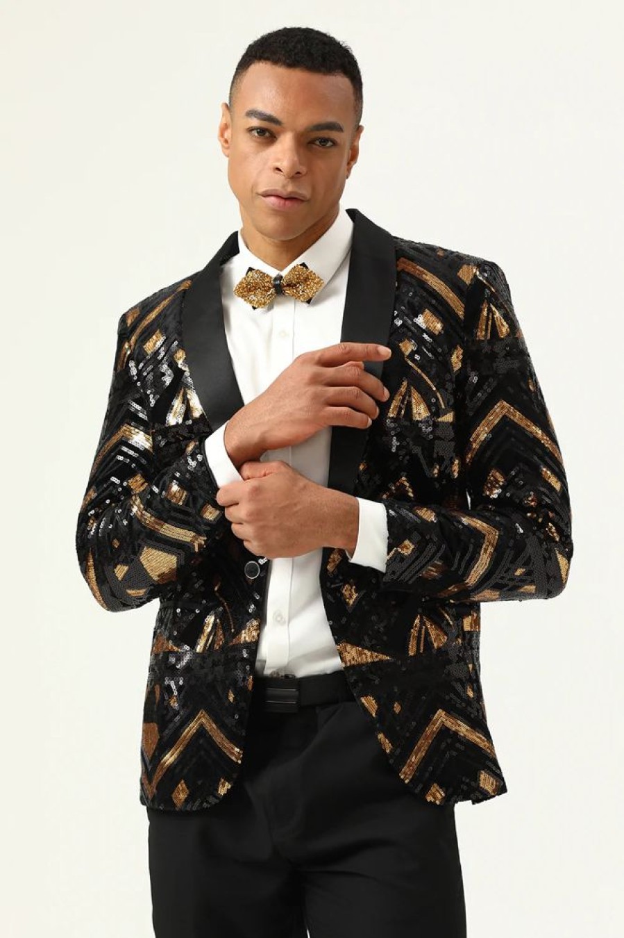 Homrain Sparkly Black And Golden Sequins Men'S Prom Blazer | Men Blazers