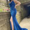 Homrain Spaghetti Straps Long Prom Dress With Split Front | Blue Prom Dresses