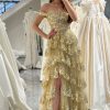 Homrain Glitter Tiered A-Line Long Prom Dress With Lace | Gold Prom Dresses