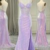 Homrain Glitter Mermaid Backless Long Corset Prom Dress With Slit | Purple Prom Dresses