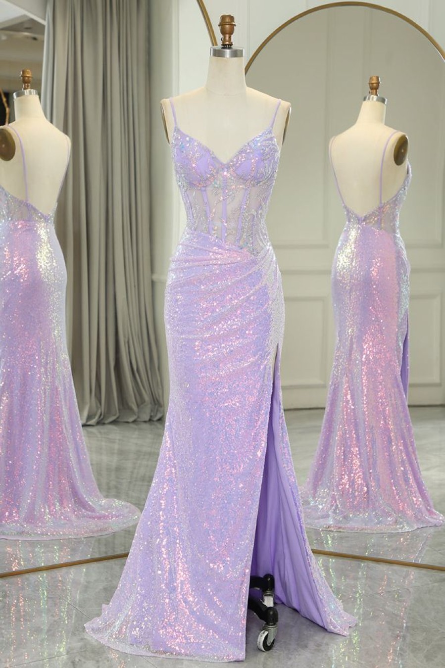 Homrain Glitter Mermaid Backless Long Corset Prom Dress With Slit | Purple Prom Dresses