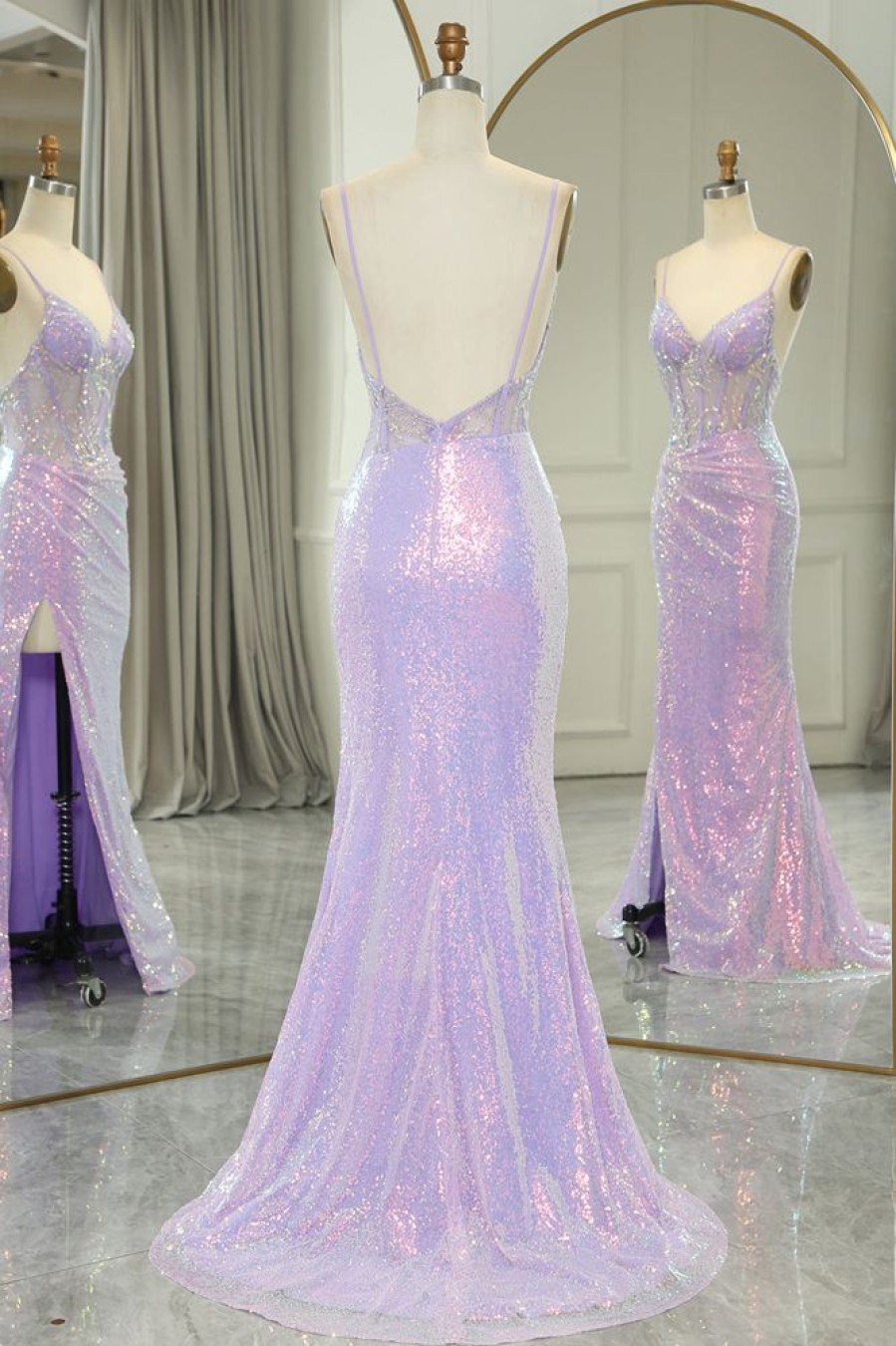 Homrain Glitter Mermaid Backless Long Corset Prom Dress With Slit | Purple Prom Dresses