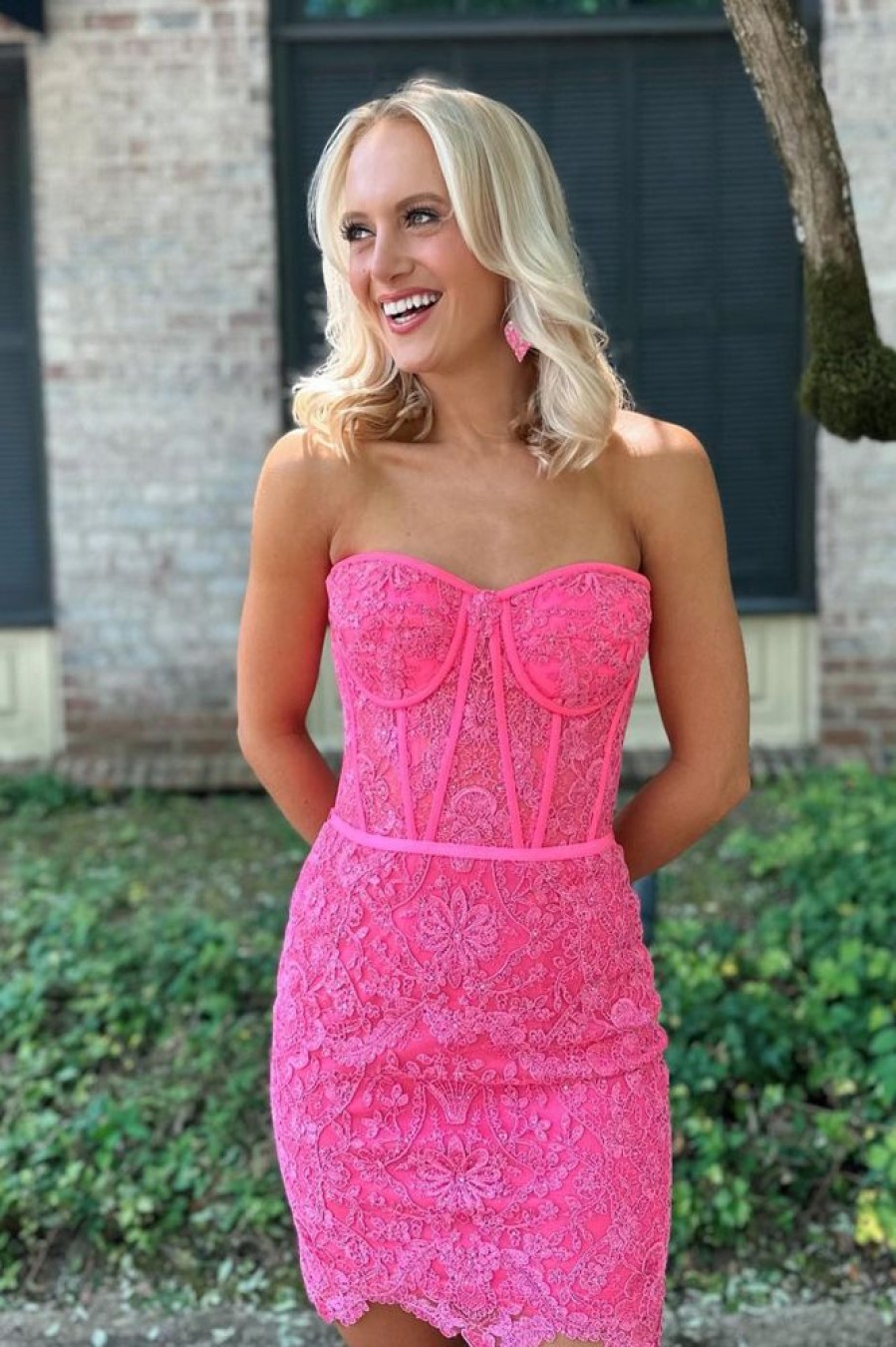 Homrain Sparkly Corset Lace Tight Short Homecoming Dress | Pink Hoco Dresses