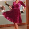 Homrain Long Sleeves Vintage Velvet Dress | Hot Pink Hoco Dresses