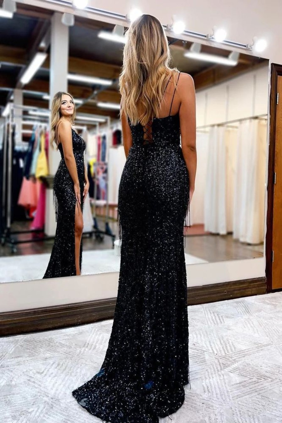 Homrain Sequined Spaghetti Straps Prom Dress | Black Prom Dresses