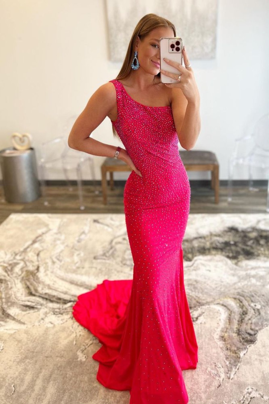 Homrain Hot Pink One Shoulder Mermaid Prom Dress | Hot Pink Prom Dresses