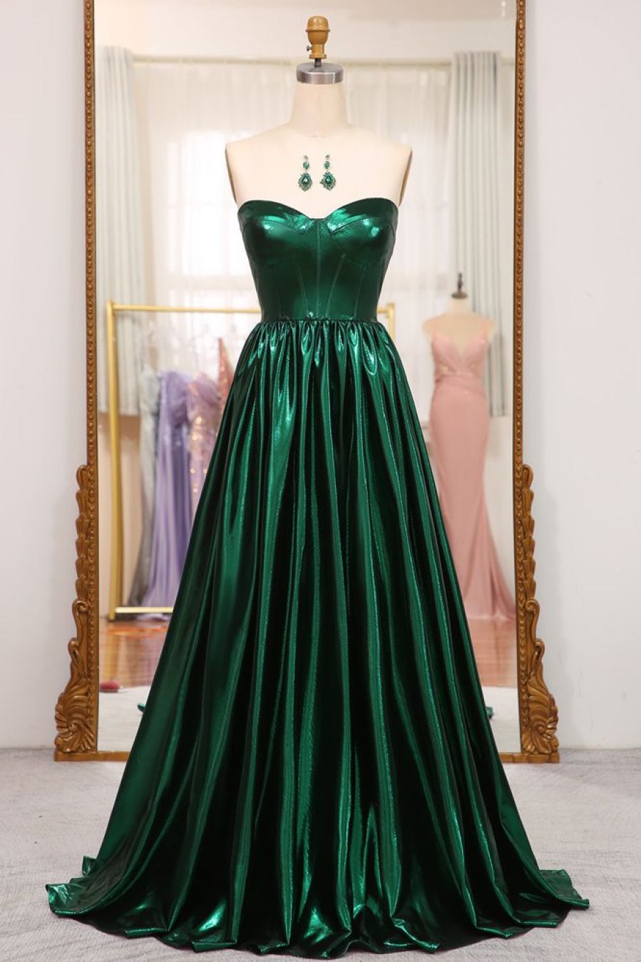 Homrain Sparkly A Line Strapless Long Pleated Prom Dress | Green Prom Dresses