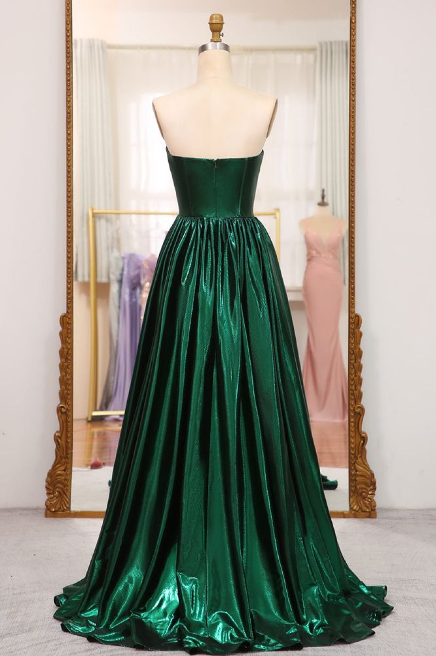 Homrain Sparkly A Line Strapless Long Pleated Prom Dress | Green Prom Dresses