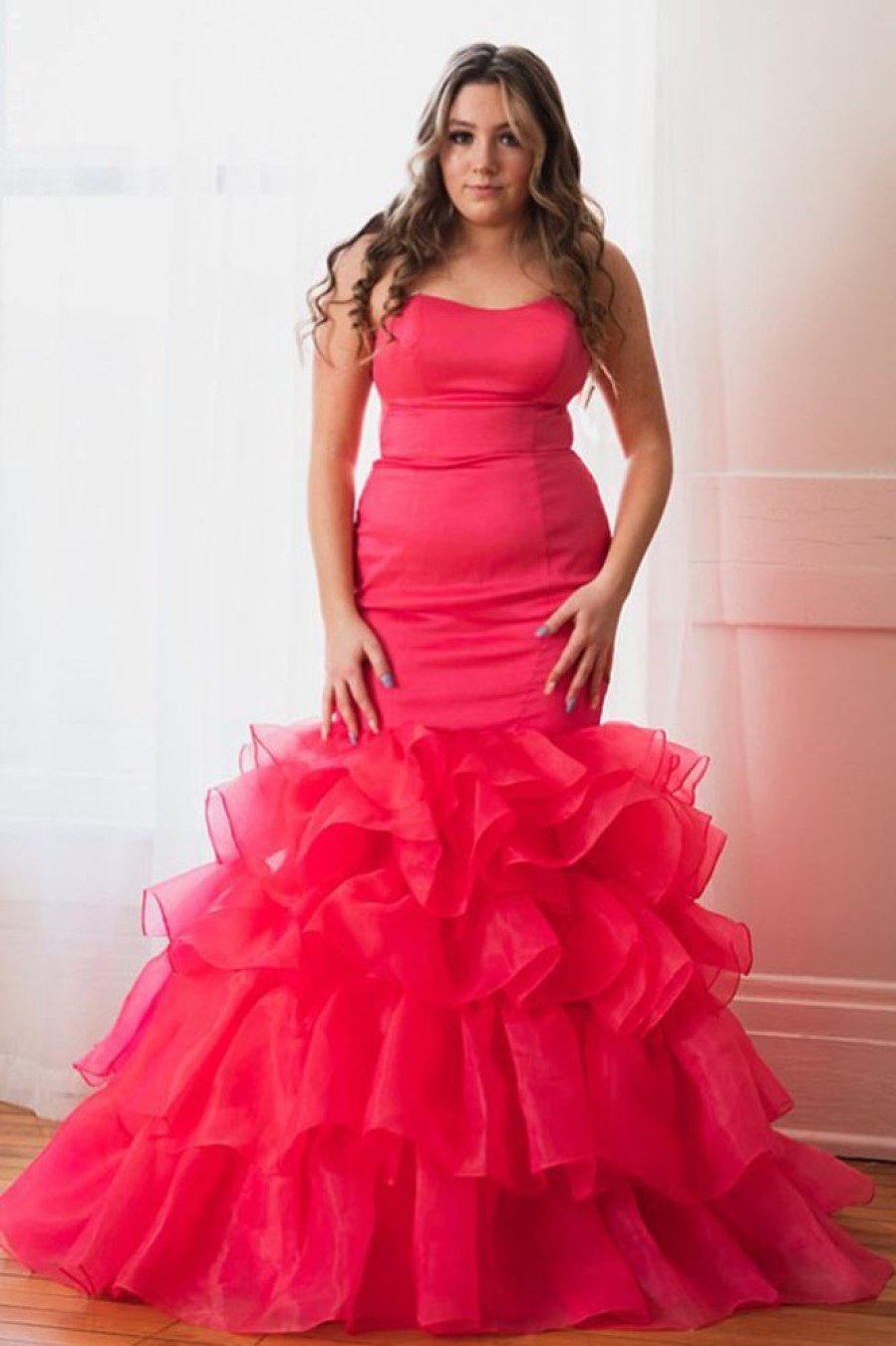 Homrain Plus Size Mermaid Strapless Long Prom Dress | Hot Pink Prom Dresses