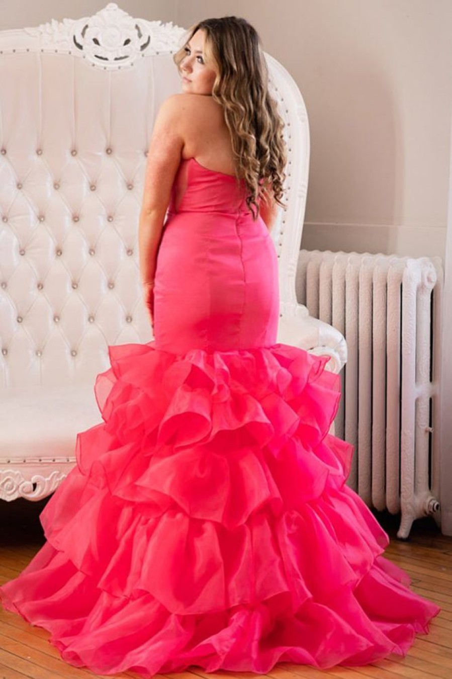 Homrain Plus Size Mermaid Strapless Long Prom Dress | Hot Pink Prom Dresses