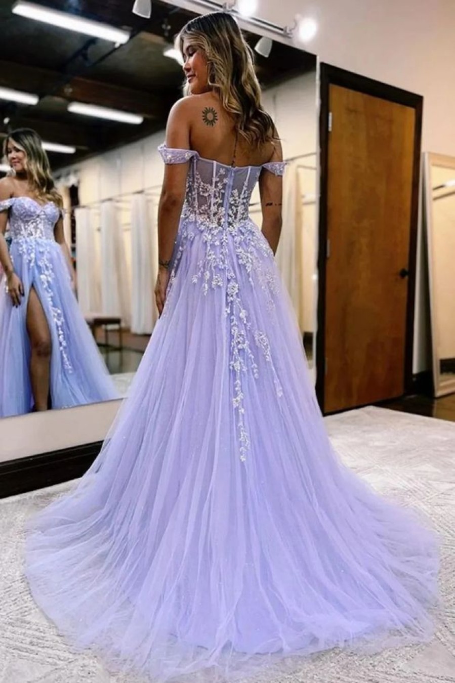 Homrain Sparkly Lilac Sequins Corset A-Line Long Prom Dress With Slit | Purple Prom Dresses