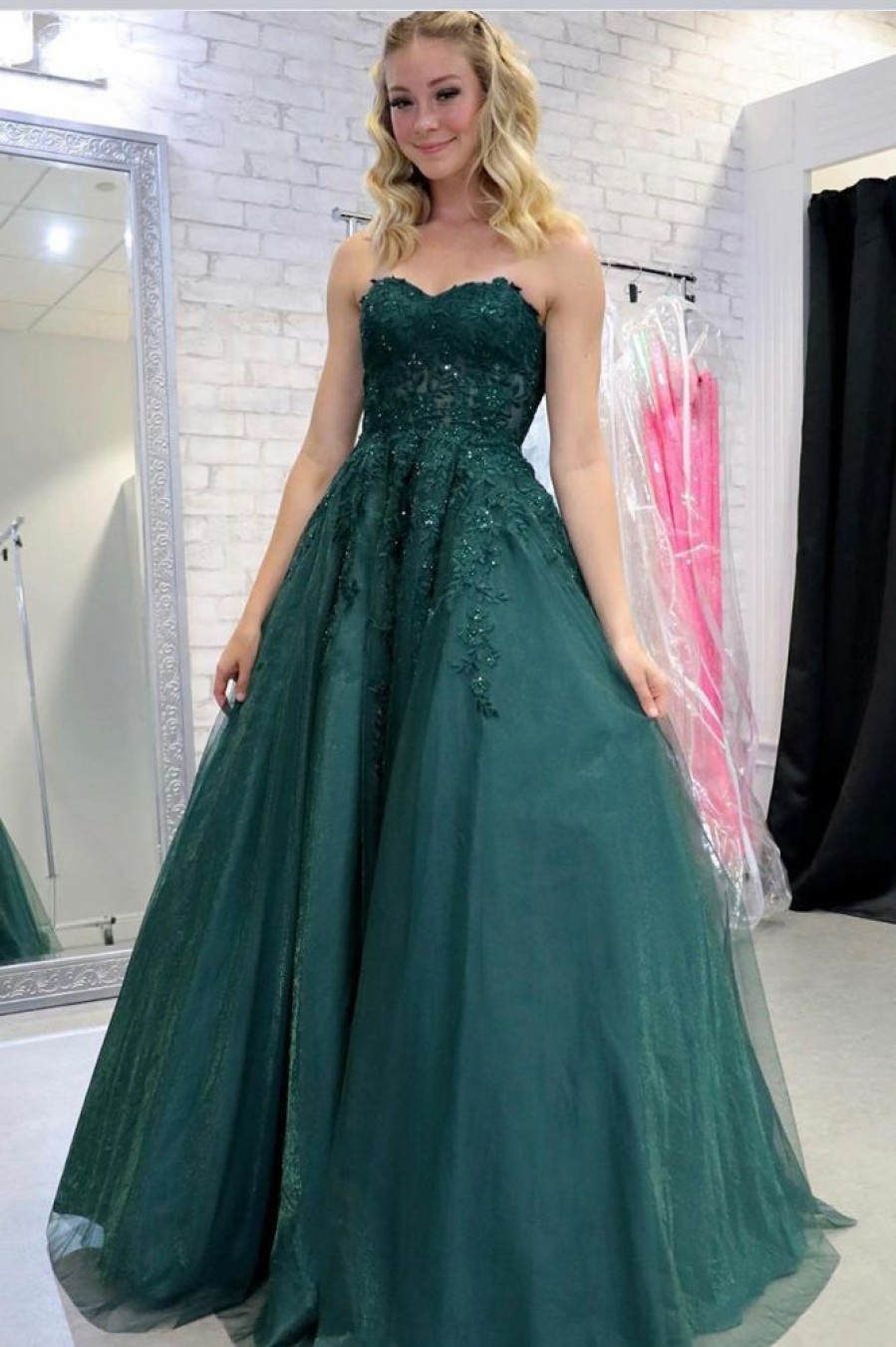 Homrain Tulle A Line Prom Dress With Appliques | Green Prom Dresses