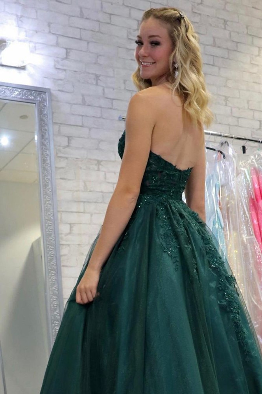 Homrain Tulle A Line Prom Dress With Appliques | Green Prom Dresses