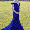 Homrain Mermaid Off The Shoulder Sequins Long Prom Dress With Sweep Train | Blue Prom Dresses