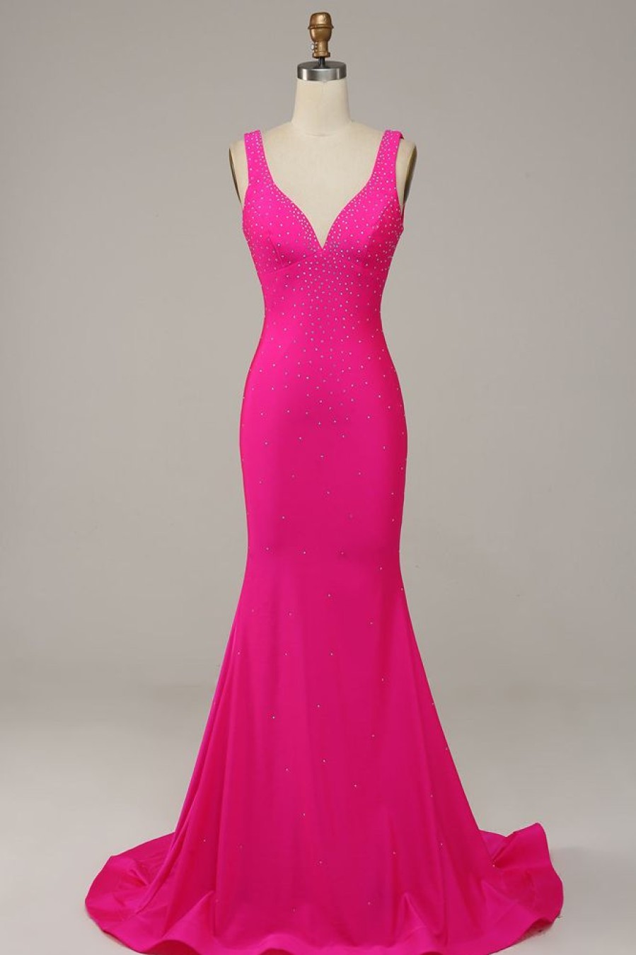 Homrain Mermaid V-Neck Beaded Prom Dress | Hot Pink Prom Dresses