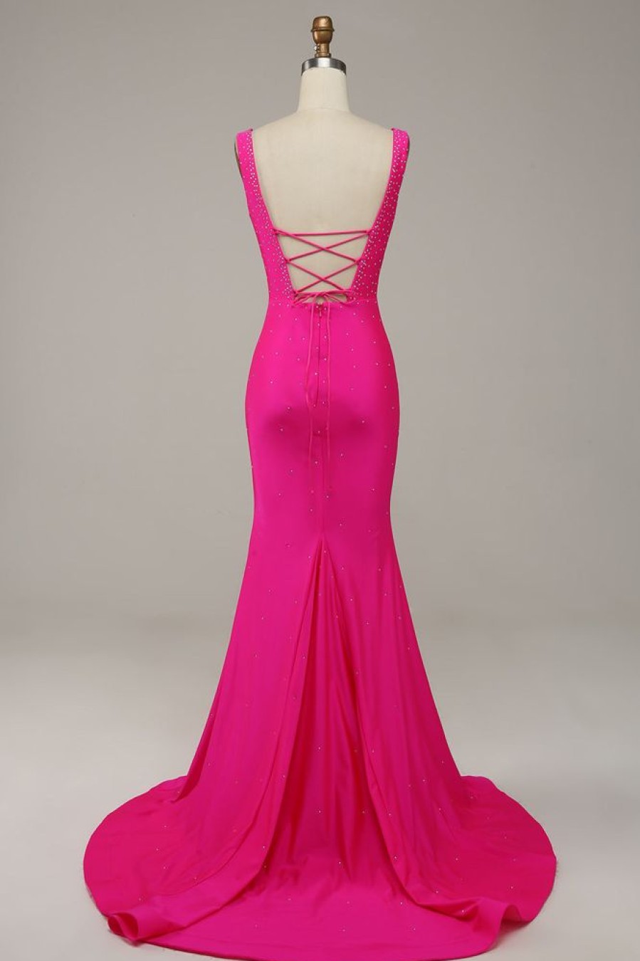 Homrain Mermaid V-Neck Beaded Prom Dress | Hot Pink Prom Dresses