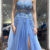 Homrain Blue A Line One Shoulder Long Corset Prom Dress With Appliques | Blue Prom Dresses