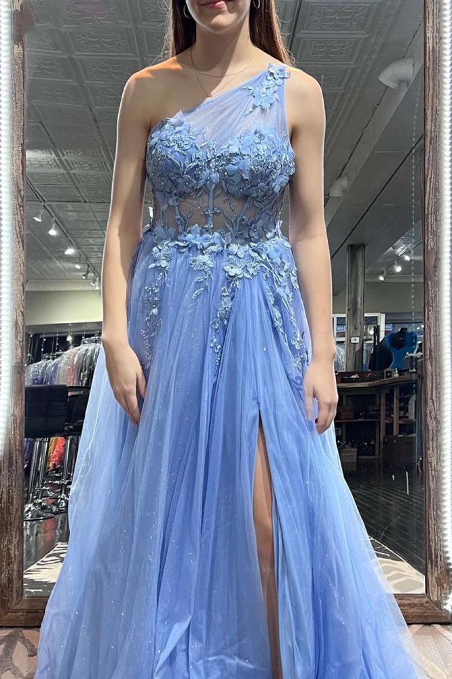 Homrain Blue A Line One Shoulder Long Corset Prom Dress With Appliques | Blue Prom Dresses